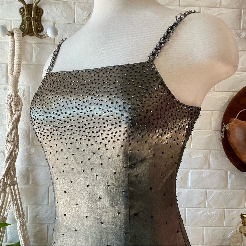 Vintage 1990s Y2K Cache Olive Satin and Chiffon Asymmetrical Hem Beaded Gown - Picture 5 of 16